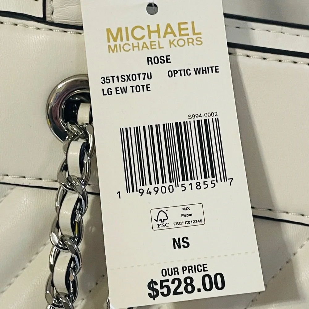 Michael Kors Rose Large Quilted East/West Tote Bag Handbag Optic White $528 Nwt - Picture 4 of 11